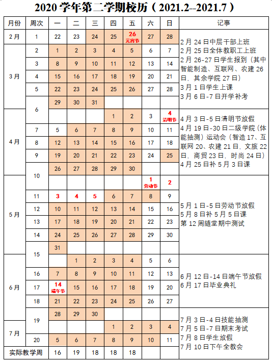 2020学年第2学期校历